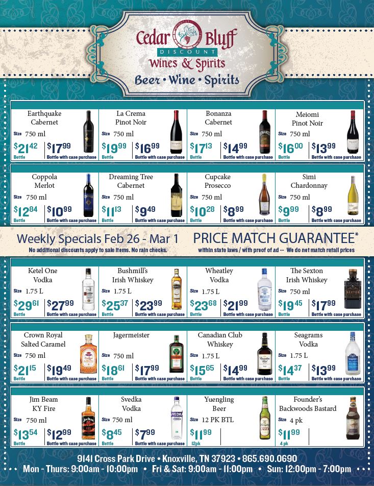 Weekly Wine & Spirit Specials Knoxville, TN Cedar Bluff Wines & Spirits